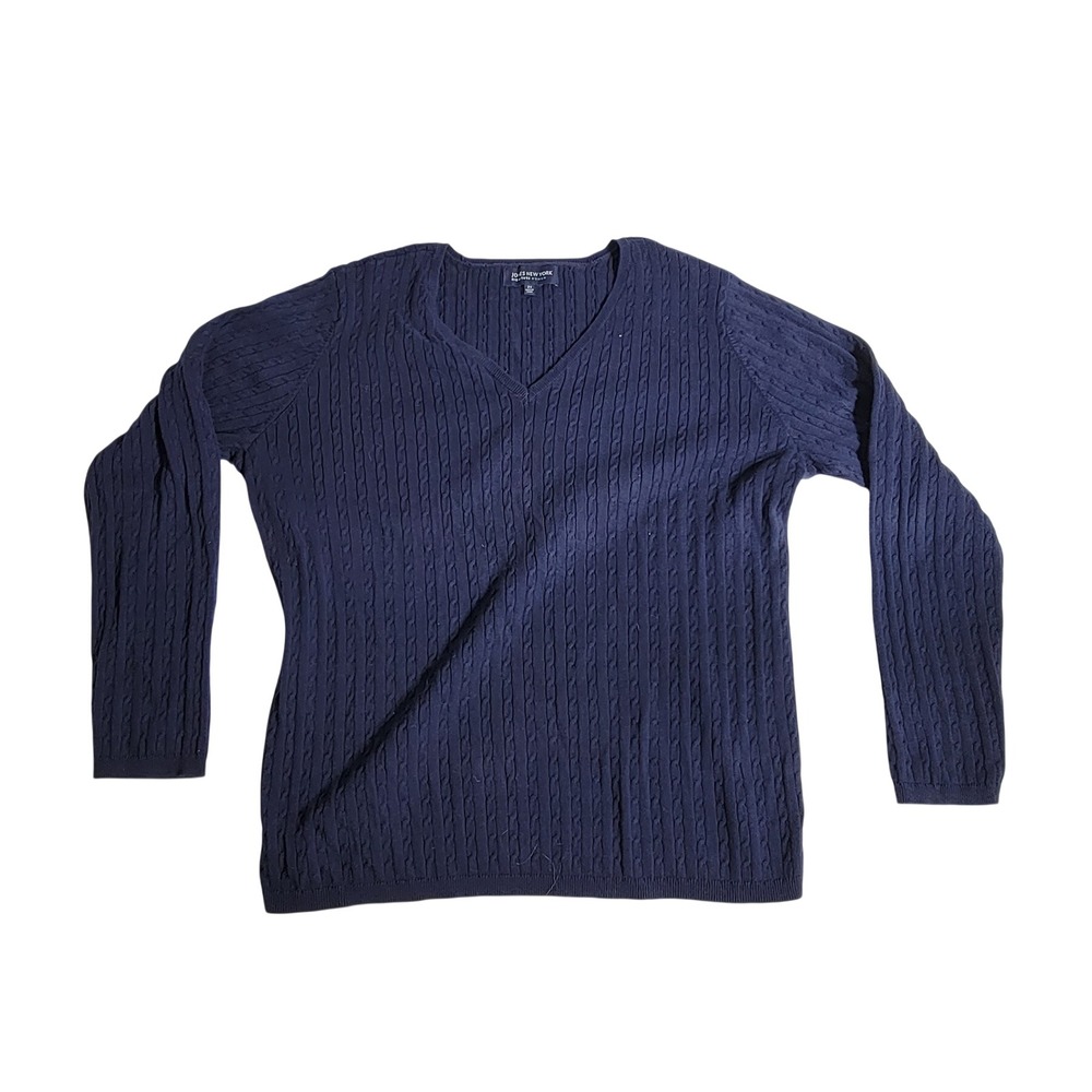 Jones New York Signature Woman Navy Blue Cable Knit V-Neck Sweater 2X